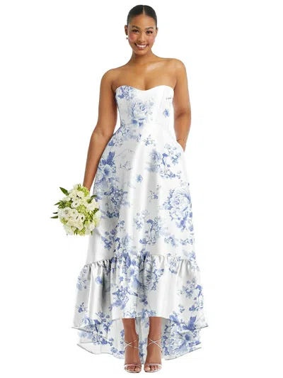 Alfred Sung Strapless Floral High-low Ruffle Hem Maxi Dress With Pockets In White