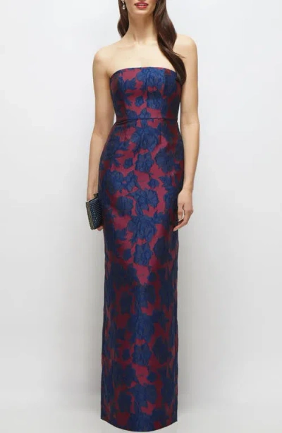 Alfred Sung Strapless Jacquard Column Gown In Blue