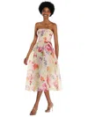 Alfred Sung Strapless Pink Floral Organdy Midi Dress In Multi