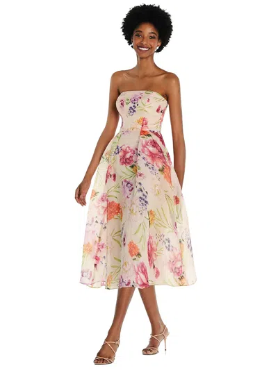 Alfred Sung Strapless Pink Floral Organdy Midi Dress In Multi