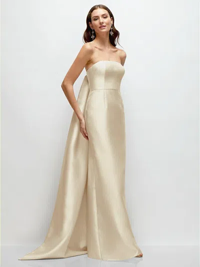 ALFRED SUNG STRAPLESS SATIN COLUMN DRESS WITH REMOVEABLE WATTEAU TRAIN