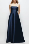 Alfred Sung Strapless Satin Gown In Blue