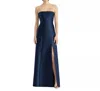 Alfred Sung Strapless Satin Gown Formal Dress In Midnight Navy In Blue