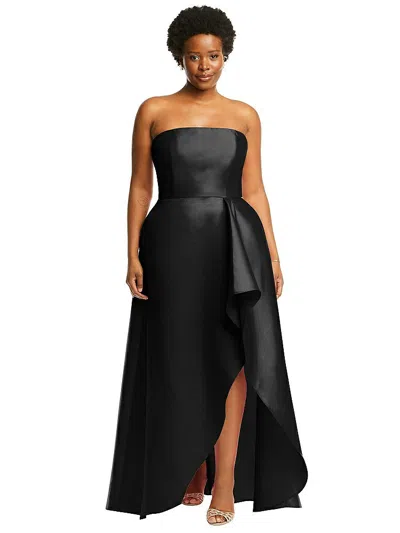 Alfred Sung Strapless Satin Gown With Draped Front Slit And Pockets In Black