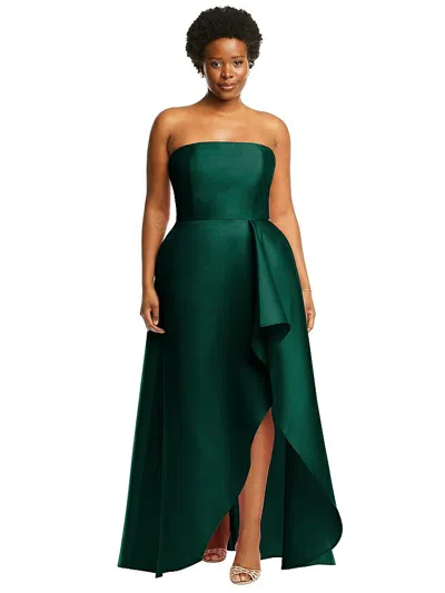 Alfred Sung Strapless Satin Gown With Draped Front Slit And Pockets In Green