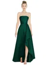 ALFRED SUNG STRAPLESS SATIN GOWN WITH DRAPED FRONT SLIT AND POCKETS