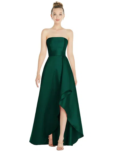 Alfred Sung Strapless Satin Gown With Draped Front Slit And Pockets In Green