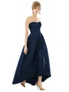 Alfred Sung Strapless Satin High Low Dress With Pockets In Blue