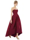 Alfred Sung Strapless Satin High Low Dress With Pockets In White