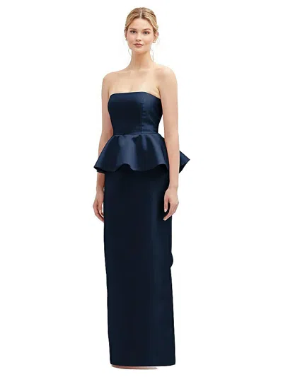 Alfred Sung Strapless Satin Maxi Dress With Cascade Ruffle Peplum Detail In Blue