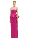 ALFRED SUNG STRAPLESS SATIN MAXI DRESS WITH CASCADE RUFFLE PEPLUM DETAIL