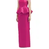 ALFRED SUNG STRAPLESS SATIN MAXI DRESS WITH CASCADE RUFFLE PEPLUM DETAIL