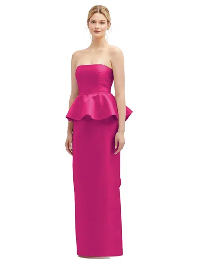 Alfred Sung Strapless Ruffle Peplum Satin Column Gown In Think Pink