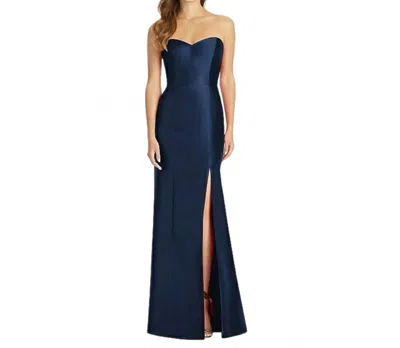 Alfred Sung Strapless Satin Slit Trumpet Gown In Midnight Blue