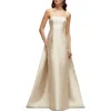 Alfred Sung Strapless Satin Twill Column Gown With Removable Train In Champagne