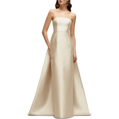 Alfred Sung Strapless Satin Twill Column Gown With Removable Train In Champagne