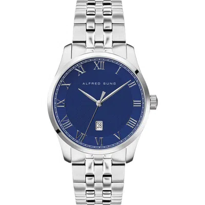 Alfred Sung Tempus Stainless Steel Bracelet Watch, 42mm In Silver Bracelet Blue Dial