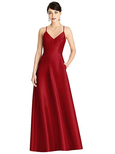 Alfred Sung V-neck Full Skirt Satin Maxi Dress In Red