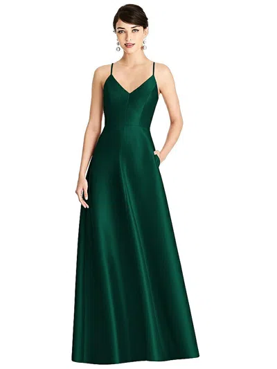 Alfred Sung V-neck Full Skirt Satin Maxi Dress In Green