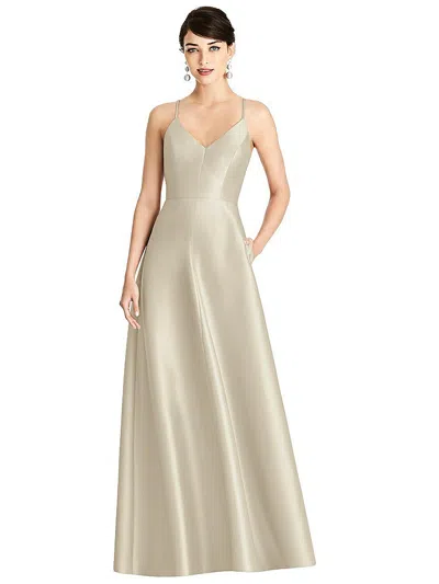 Alfred Sung V-neck Full Skirt Satin Maxi Dress In White