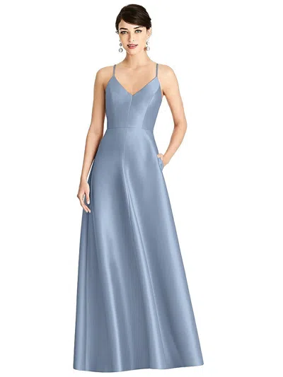 Alfred Sung V-neck Full Skirt Satin Maxi Dress In Blue