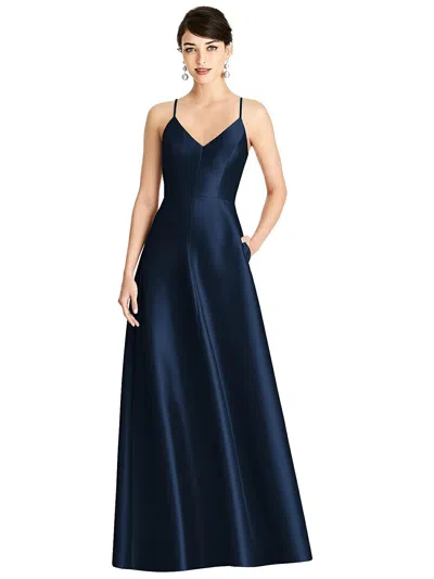 Alfred Sung V-neck Full Skirt Satin Maxi Dress In Blue