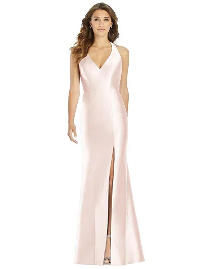 Alfred Sung V-neck Halter Satin Trumpet Gown In Pink