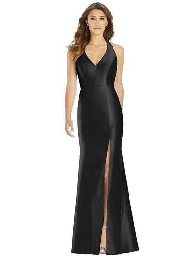 Alfred Sung V-neck Halter Satin Trumpet Gown In Black