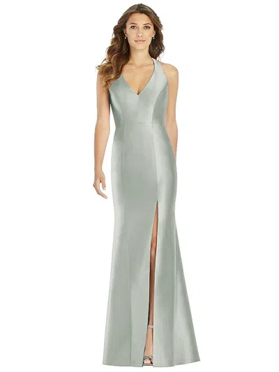 Alfred Sung V-neck Halter Satin Trumpet Gown In Gray