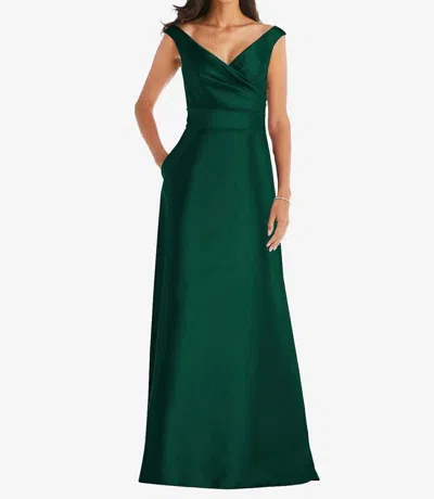 Alfred Sung Women's Off Shoulder Draped Wrap Satin Maxi Dress In Hunter Green