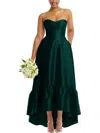 Alfred Sung Strapless Deep Ruffle Hem Satin High Low Dress With Pockets In Green