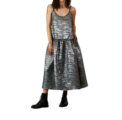 Ali Golden Jacquard Drop Waist Ruffle Dress In Silver