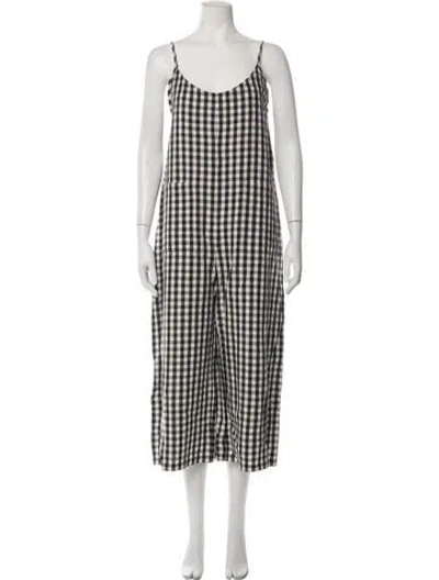 Pre-owned Ali Golden Linen Plaid Print Jumpsuit In Neutrals