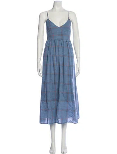 Pre-owned Ali Golden Plaid Print Long Dress In Blue