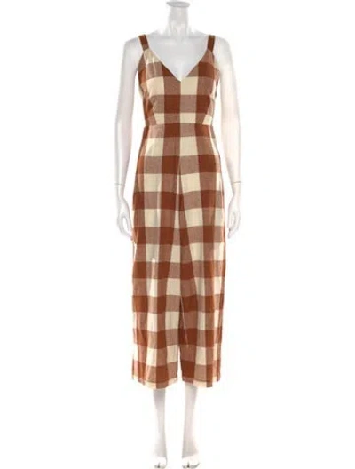 Pre-owned Ali Golden Silk Plaid Print Jumpsuit In Neutrals