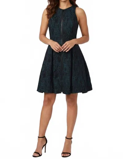 Ali Ro Jacquard Front-zip Fit And Flare Party Dress In Teal Black In Multi