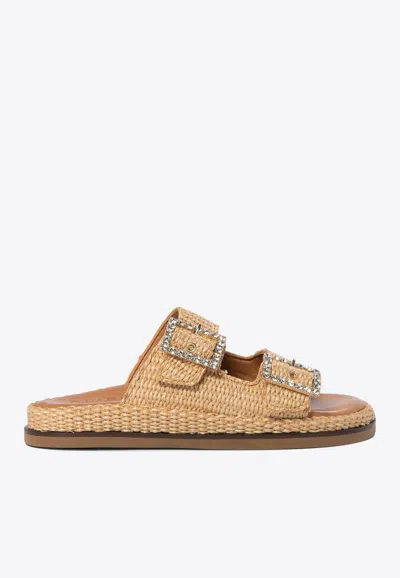 Alibi Greta Crystal Buckle Raffia Sandals In Beige