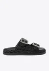 Alibi Greta Crystal Buckle Raffia Sandals In Black