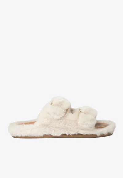 Alibi Greta Faux Fur Flat Sandals In White