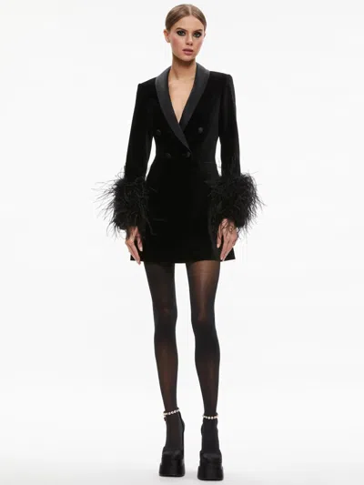 Pre-owned Alice And Olivia $995 Alice + Olivia Latoya Double-breasted Feather And Velvet Dress 0 In Black