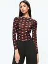 Alice And Olivia Delaina Long Sleeve Mesh Cropped Top Lip Sync Black In Lip Sync Black