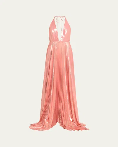 Alice And Olivia Adalyn Pleated Metallic Halter Maxi Dress In Dusty Rose