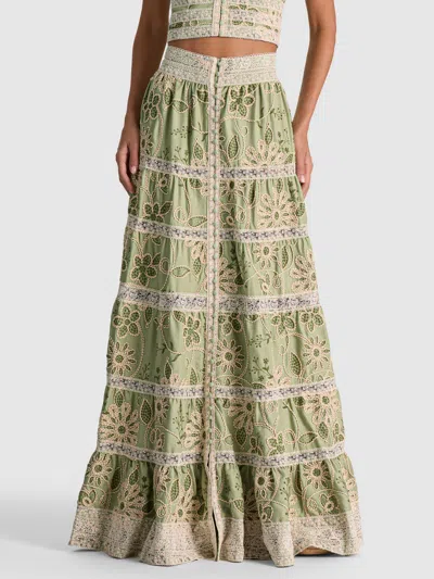 Alice And Olivia Adira Embroidered Tiered Maxi Skirt In Green