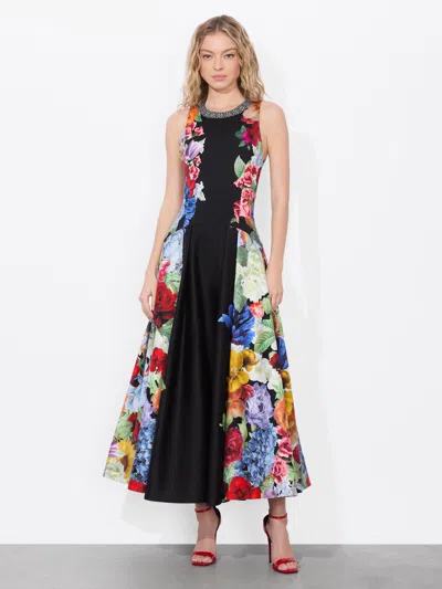 Alice And Olivia Adley Drop Waist Midi Dress In Garden Brunch Black