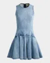 Alice And Olivia Adley Sleeveless Drop-waist Denim Mini Dress In Blue