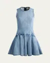 Alice And Olivia Adley Sleeveless Drop-waist Denim Mini Dress In Blue