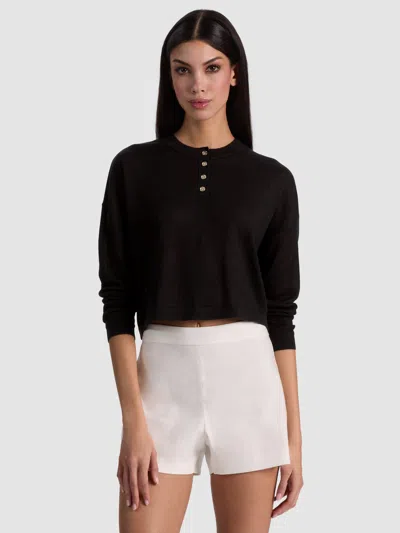 Alice And Olivia Alaina Linen Henley In Black