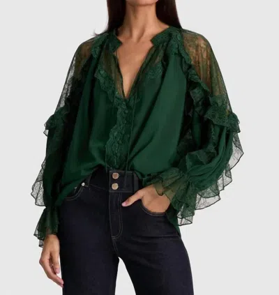 Alice And Olivia Aleena Lace Blouse In Dark Green