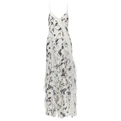 Pre-owned Alice And Olivia Alica Olvia Floral Crown 100% Silk Printed Lace Trim Ruffle Maxi Dress Us6 M In Gray