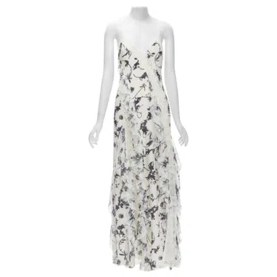 Pre-owned Alice And Olivia Alica Olvia Floral Crown 100% Silk Printed Lace Trim Ruffle Maxi Dress Us6 M In Gray